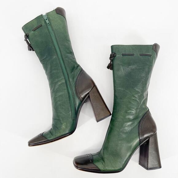 Prada Fall/Winter 1999 Green & Brown Leather Mid-Calf Block Heel Boots IT 37 - Picture 6 of 15